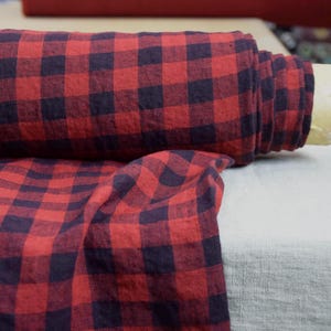 Fabric Linen &quot;Stella Blue/Brick-Red Gingham&quot; Prewashed, Softly Naturally Creased, Lovely Texture, 190gsm (5.8oz)  Premium Quality, IN STOCK!