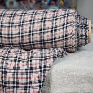 Linen Fabric "Elba Black Red Tartan" 200gsm (6oz/yd2). Medium Weight, Densely Plainly Wowen, Washed, Soft. IN STOCK.