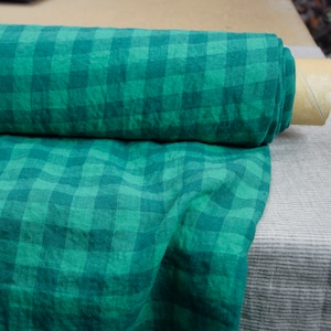 Czysta tkanina lniana „Stella Green Gingham” 190 g/m2 (5,7 oz/yd2). Pantone Mint 16-5938. Zielona lniana kratka. 100% lniana kratka 2 cm. BRAK W MAGAZYNIE.