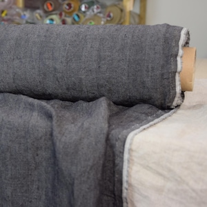 Premium 100% Linen Fabric - Optima Gray Soil Herringbone, 240gsm (Heavyweight), Black Gray Earthy Brown Tones, Pre-Shrunk & Ready to Ship.