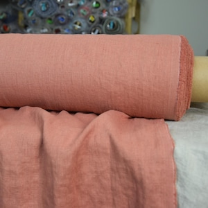 Pure Linen Fabric Gloria Bouquet Rose, By the Yard/Meter. Washed, Softened, Medium Weight 200gsm (6oz), Natural Plain Tightly Woven Texture.