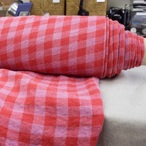 Linen Fabric &quot;Stella Pink & Red Gingham&quot;, 2cm Checks, 190gsm (5.6oz), Medium Weight, Soft Linen, Premium Quality, Pure 100% Linen, IN STOCK!