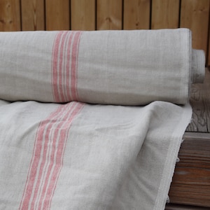 Linen fabric &quot;Pera Natural Red Stripe&quot; 350gsm. French grain sack pattern. Pre-shrunk. Eco-friendly heavyweight. 100% Pure Linen. IN STOCK.