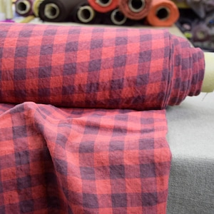 Linen Fabric - &quot;Stella Punch Pink Gingham&quot;, 190gsm (5.7oz), 2cm cheks, 100% Pure Linen. Vibrant, Bright Warm Pink Color! Premium Qality!
