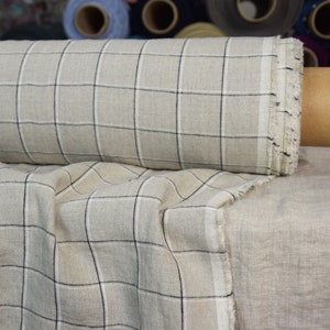 Czysta tkanina lniana 100% "Paloma Grid Natural/White/Black" 220gsm. Kratka. Prana-zmiękczana. BRAK W MAGAZYNIE.
