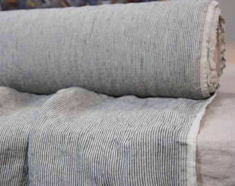 Linen Fabric Elba Pencil Stripe, medium weight. 1.5mm Pinstripe. Green and Undyed Flax Colors. European Linen, Premium Quality. By the yard.