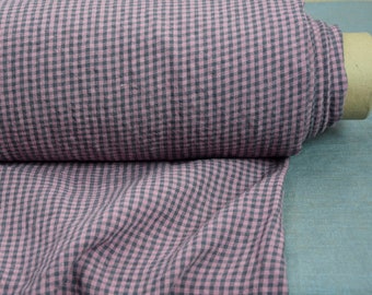 Pure 100% Linen Fabric "Augusta" Pink & Gray Gingham 170gsm (5oz/yd2). 3mm checks. Premium, Stylish, Preshrunk. THE LAST PIECE 1.00m !!!