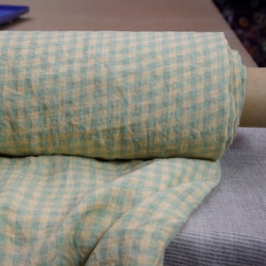 Czysta tkanina lniana 100% Aura Tender Peach i Greenish Gingham 125gsm (3.70oz/yd2). Kratka 8 mm. Zmiękczona. Tymczasowo NIEDOSTĘPNA.