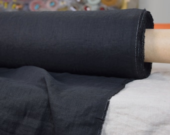 100% pure linen fabric "Gloria" in Black color. By the yard/meter. Medium weight, for sewing clothes & home accessories, soft, pre-washed.