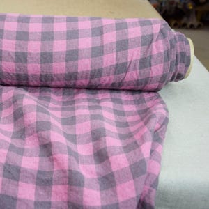Linen Fabric - &quot;Stella Pink/Gray Gingham&quot;, 2cm Check, 180gsm (5.35oz), 100% Pure Organic Linen, Soft, Naturally Stylish Wrinkled! IN STOCK!