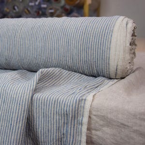 Linen Fabric - &quot;Elba Citadel Candy Stripes&quot;, Undyed Flax/Blue, 200gsm, 100% Pure, Striped Linen Fabric, 2.5mm stripes, IN STOCK!