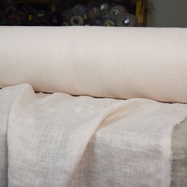 IN STOCK. Very thin 95gsm semi-sheer pure linen fabric Serena Ivory 95gsm(2.80oz/yd2). Creamy pale off-white, slight tint pinkish-yellowish.