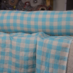 IN STOCK. Pure 100% linen fabric Stella Turquoise Chessboard 180gsm. Checks 2cm gingham. Washed, softened.