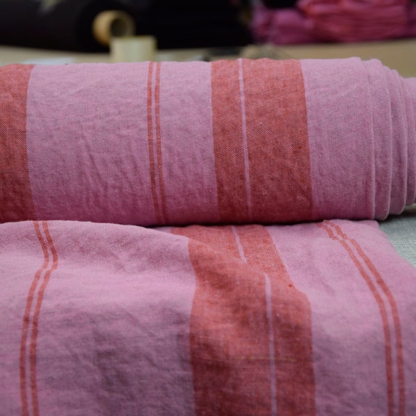 IN STOCK. Pure 100% linen fabric Elba Pink with Red Stripe 200gsm (5.90oz/yd2).