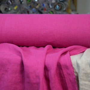 IN STOCK. Pure 100% linen fabric Gloria Barbie Pink 200gsm (5.90oz/yd2). Deep bright magenta-pink.  Washe-softened. Widht 145cm (57").