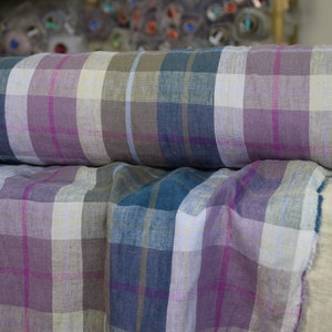 Tymczasowo NIEDOSTĘPNE. Czysta tkanina lniana Paloma Purple Plaid 220gsm, 100% lnu. Kratka fioletowa, niebieska, oliwkowa, szara. Prana-zmiękczana.