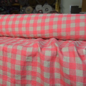 Temporarily OUT OF STOCK. Pure 100% linen fabric Stella Bright Pink Chessboard 180gsm. Checks 2cm gingham. Washed, softened.