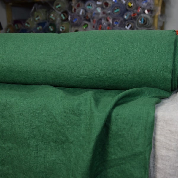 IN STOCK. Pure 100% linen fabric Gloria Jade Green 190gsm. Rich and saturated warm green color. Washed-softened.