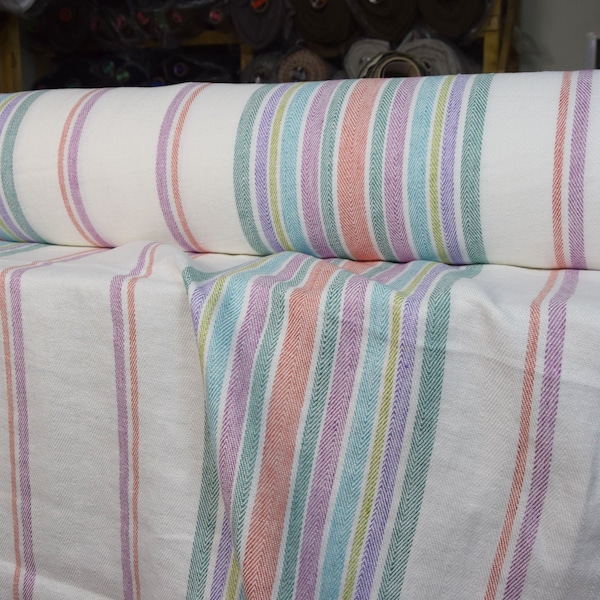 IN STOCK. 100% linen fabric Allegra Striped Herringbone 310gsm. Stripes on off-white background. Washed-softened, pre-shrunk.