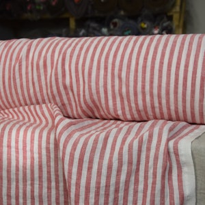 Temporarily OUT OF STOCK. Pure 100% linen fabric Aura Bengal Stripes Red White 125gsm. Stripes are 8mm width. Washed-softened.