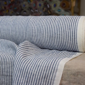 IN STOCK. Pure 100% linen fabric Aura Navy Striped 125gsm. White/blue stripes 3mm. Washed-softened.