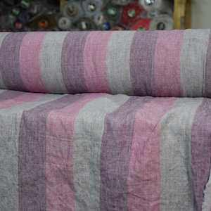 IN STOCK. 100% linen fabric Margarita Roman Stripes Gray Pink Purple 190gsm(5.60 oz/yd2). Melange 5cm(2") stripes. Washed, pre-shrunk.