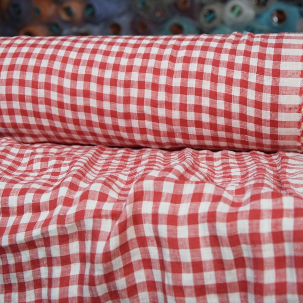 IN STOCK. Pure 100% linen fabric Aura Red-White Gingham 125gsm (3.70oz/yd2). 8mm checks. Light weight, dense, washed-softened.