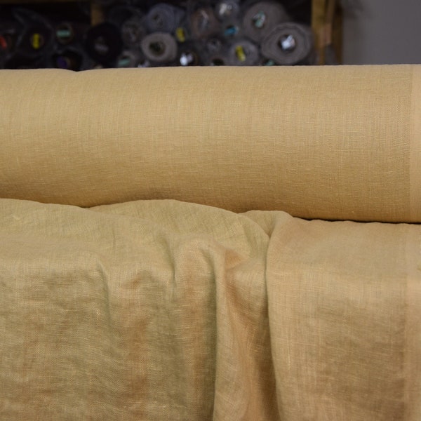 IN STOCK. Very thin 95gsm semi-sheer pure 100% linen fabric Serena Laguna Yellow 95gsm. Muted, not bright mellow yellow. Washed-softened.