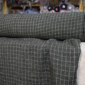 Tymczasowo NIEDOSTĘPNE. Czysta tkanina 100% lniana Terra Dark Army Green Melange Graph Check 210gsm (6,20 oz/yd2). Prana-zmiękczana.
