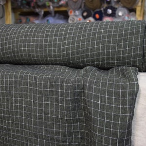 Temporarily OUT OF STOCK. Pure 100% linen fabric Terra Dark Army Green Melange Graph Check 210gsm (6.20 oz/yd2).  Washed-softened.