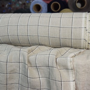 Temporarily OUT OF STOCK. Pure 100% linen fabric Paloma Grid Natural/White/Black 220gsm. Checkered. Washed-softened.