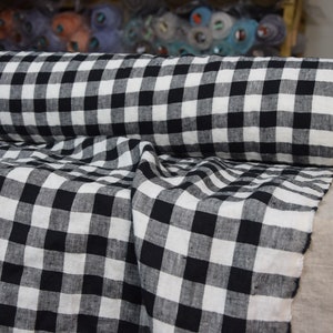 IN STOCK. Pure 100% linen fabric Gloria Black/White Chessboard Check 190gsm(5.60oz/yd2). 2cm check.