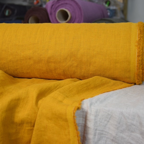 IN STOCK. Pure 100% linen fabric Gloria Curcuma Yellow 200gsm (6oz/yd2). Washed-softened. A bright saturated golden orange-yellow color.