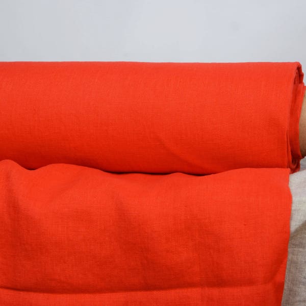 IN STOCK. Pure 100% linen fabric Gloria Fiesta 190gsm (5.60 oz/yd2). Bright vibrant orange-red. Washed-softened. Width 145cm (57").