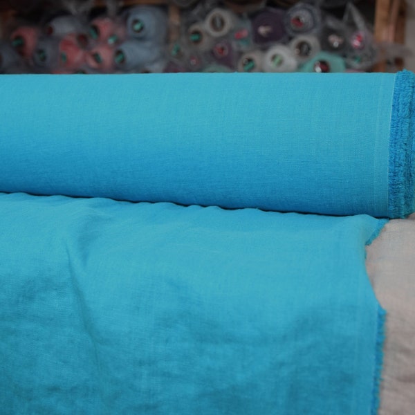 IN MAGAZZINO. Tessuto di puro lino 100% Gloria Glamorous Cyan 190 g/m² (5,60 oz/yd2). Verde-blu-turchese brillante. Pre-ristretto. Larghezza 145 cm (57").