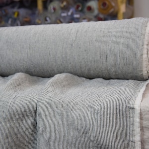 IN STOCK. Pure 100% linen fabric Elba Iguana Pencil Stripes 200gsm. 1.5mm stripe. Washed-softened.