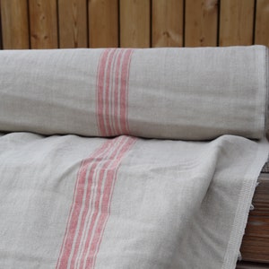 IN STOCK. 100% linen fabric Pera Natural Red Stripe 350gsm. French grain sack pattern. Pre-shrunk. Eco-friendly heavy and thick material. image 1