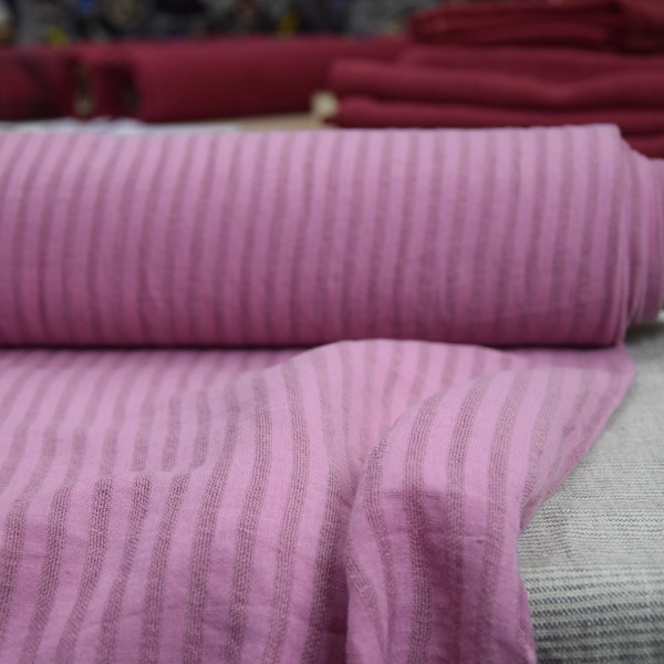 IN STOCK. Linen/cotton 48/52% fabric Barbara Precious Pink Striped 120gr/m2 (3.40 oz/yd2).