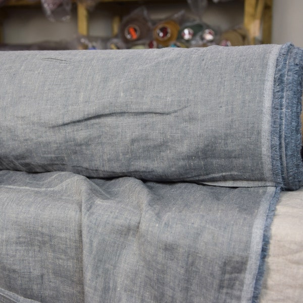 IN STOCK. Pure 100% linen fabric Margarita Blue Smoke 190gsm. Muted grayish-bluish melange chambray. Medium weight, washed-softened.