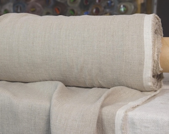 100% Linen Fabric "Nata" in Natural Undyed Raw Linen (Warm Gray) Color. Heavyweight 250gsm (7.4oz/yd2), Unbleached Preshrunk. By the Yard.