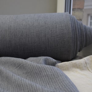 100% Linen Fabric "Margarita Classic Gray Striped" 190gsm (6oz/yd2). Melange with insignificant pinstripes. Washed-softened. IN STOCK.