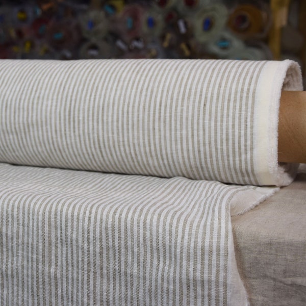IN STOCK. 100% linen fabric Aura Beige Striped 125gsm. White-beige stripe 3mm. Light weight, softened. The last piece 1.30mx1.45m(51"x57")!