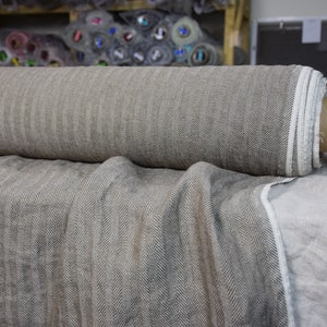 IN STOCK. 100% linen fabric Sigma Rustic Taupe Herringbone 220gsm. Broken twill, mix of muted dark brown, light beige colors. Softened.