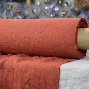 IN STOCK. Pure 100% linen fabric Gloria Rust 200gsm (5.90 oz/yd2). Reddish-brown color, washed-softened.