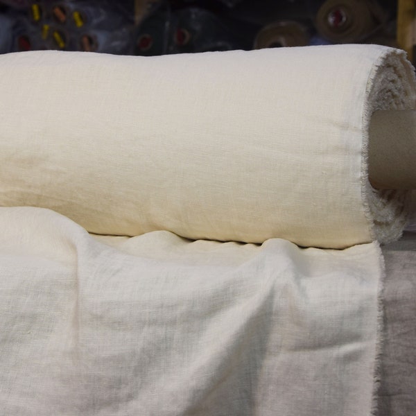 EN STOCK. Tissu pur 100 % lin Gloria Ivory 200 g/m² (5,90 oz/yd2). Poids moyen, tissage dense.