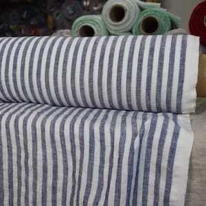 IN STOCK. Pure 100% linen fabric Aura Bengal Stripes Blue White 125gsm. Stripes are 8mm. Thin, washed-softened.