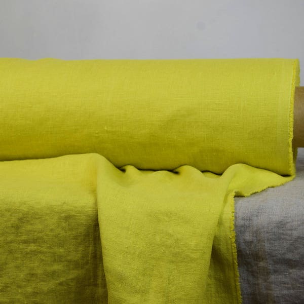 IN STOCK. Pure 100% linen fabric Gloria Chartreuse 200gsm (5.90 oz/yd2). Yellow-green color. Washed-softened, densely woven.