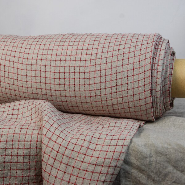 Pure 100% linen fabric 160gsm. Checkered, grid in natural not dyed flax and red colors. Washed-softened. The last piece 0.60x1.45m=24x57"!