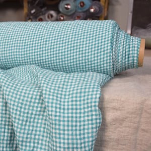 Czysta tkanina 100% lniana Aurora Aloe Green Gingham 160gsm(4.80oz/yd2). Mała kratka vichy 4 mm. BRAK W MAGAZYNIE.