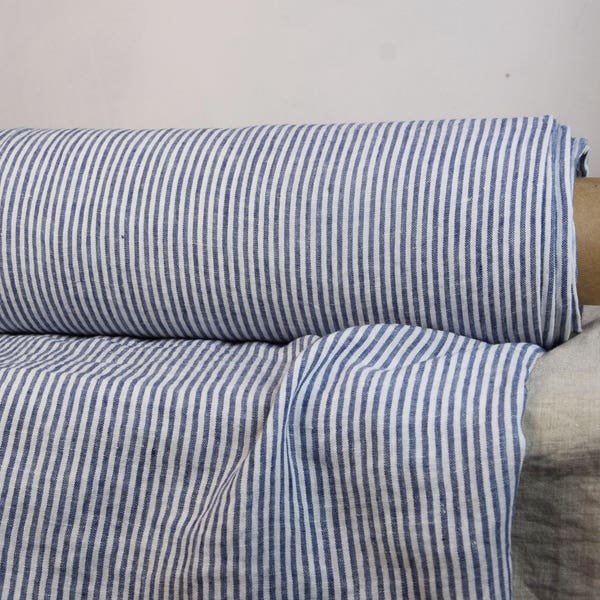 Pure 100% linen fabric 130gsm. Blue and white striped, narrow 3mm pinstripes. Light weight, washed-softened. For light clothes.